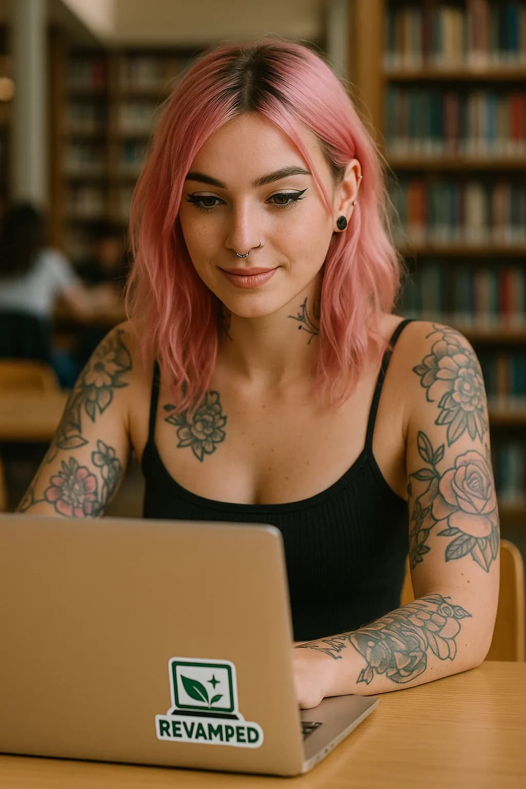 Woman with pink hair using a laptop with REVAMPED certification sticker