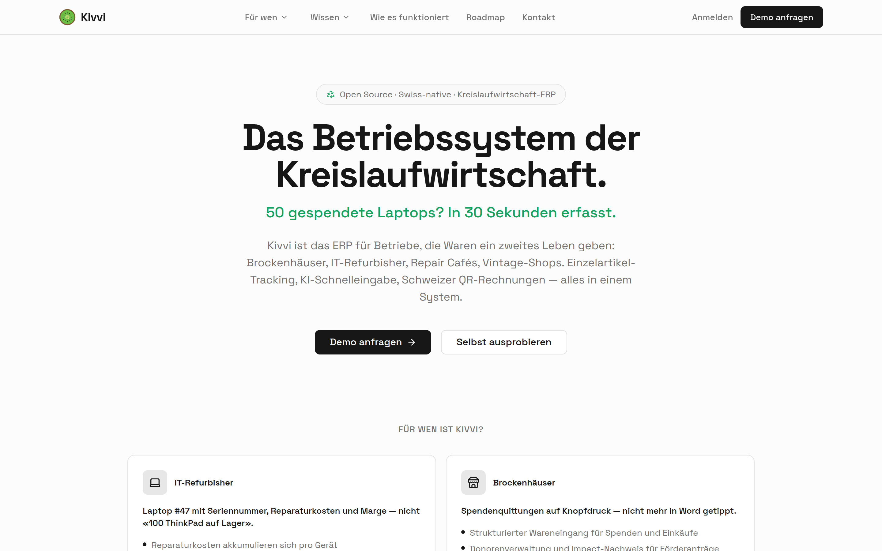 Kivvi Startseite mit dem Claim «Das Betriebssystem der Kreislaufwirtschaft»