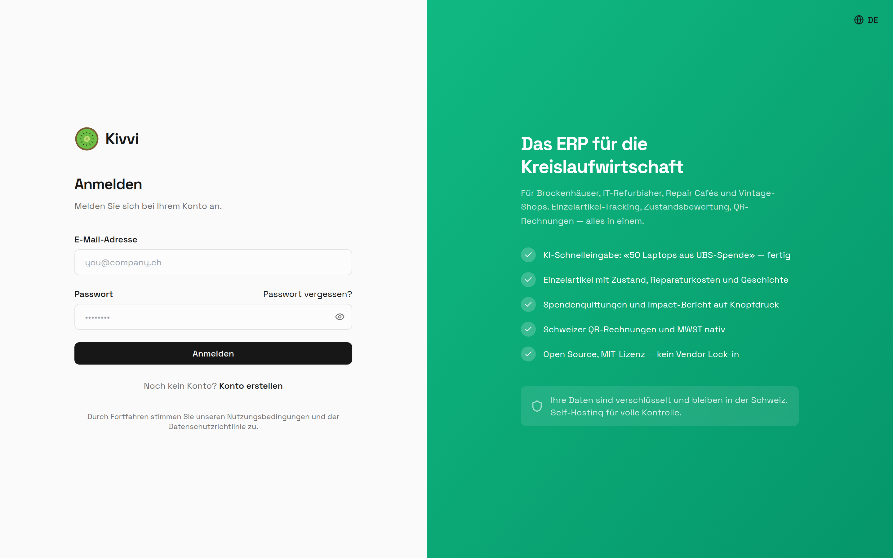 Split-Screen-Login mit Feature-Checkliste: KI-Schnelleingabe, Einzelartikel, Spendenquittungen, QR-Rechnungen, Open Source MIT