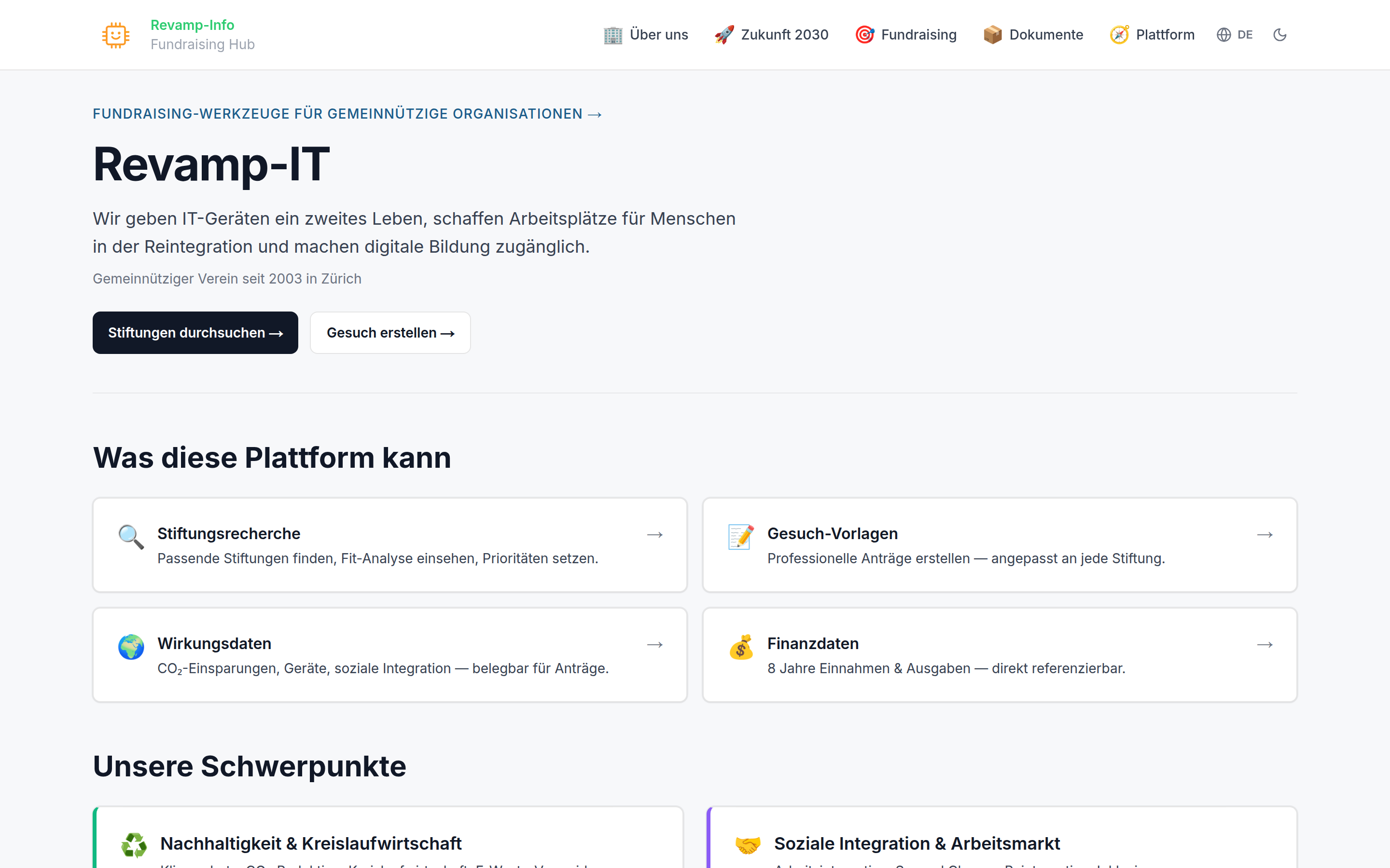 Startseite «Fundraising-Werkzeuge» mit Stiftungsrecherche, Gesuch-Vorlagen, Wirkungsdaten und Finanzdaten