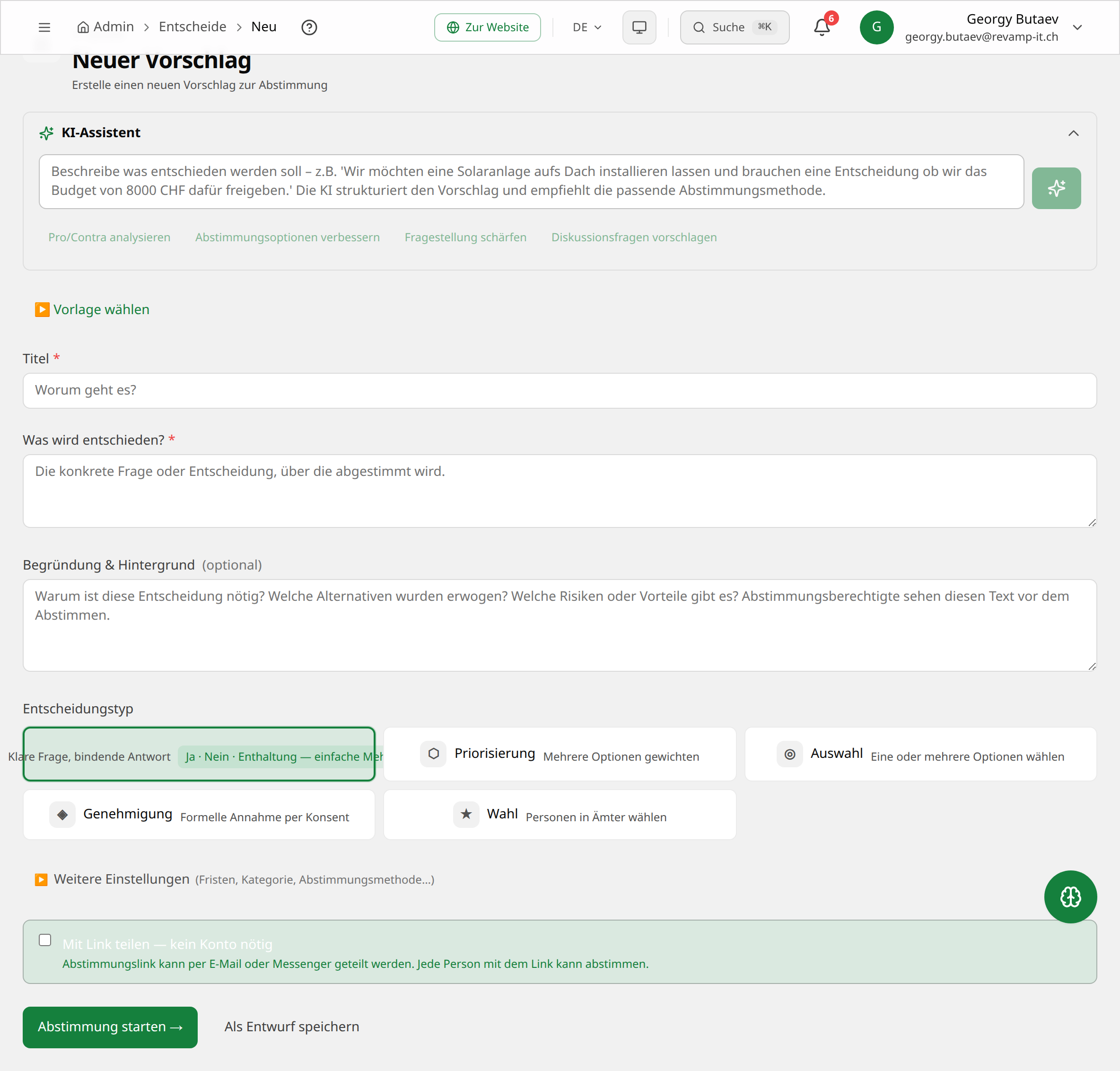Das Formular für einen neuen Abstimmungsvorschlag mit den verschiedenen Entscheidungstypen