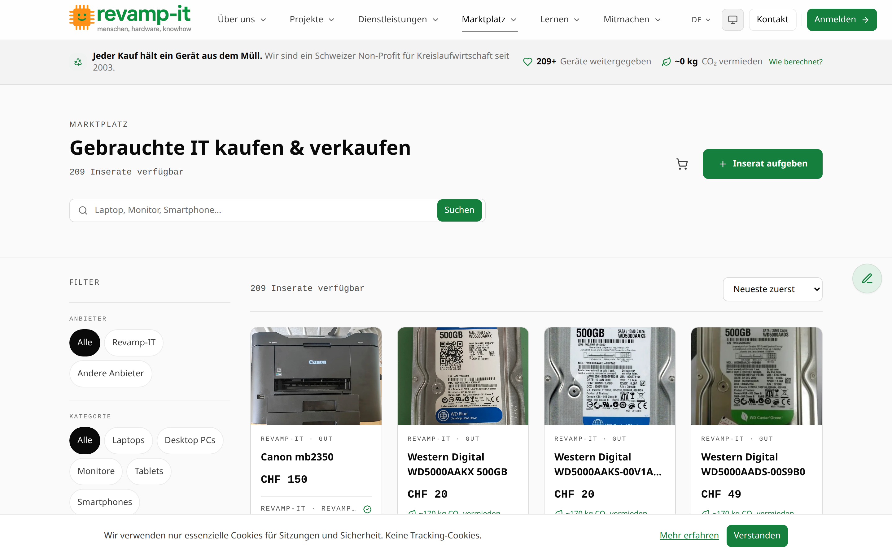 Marktplatz mit Filtern, CO₂-Leiste und Inseraten