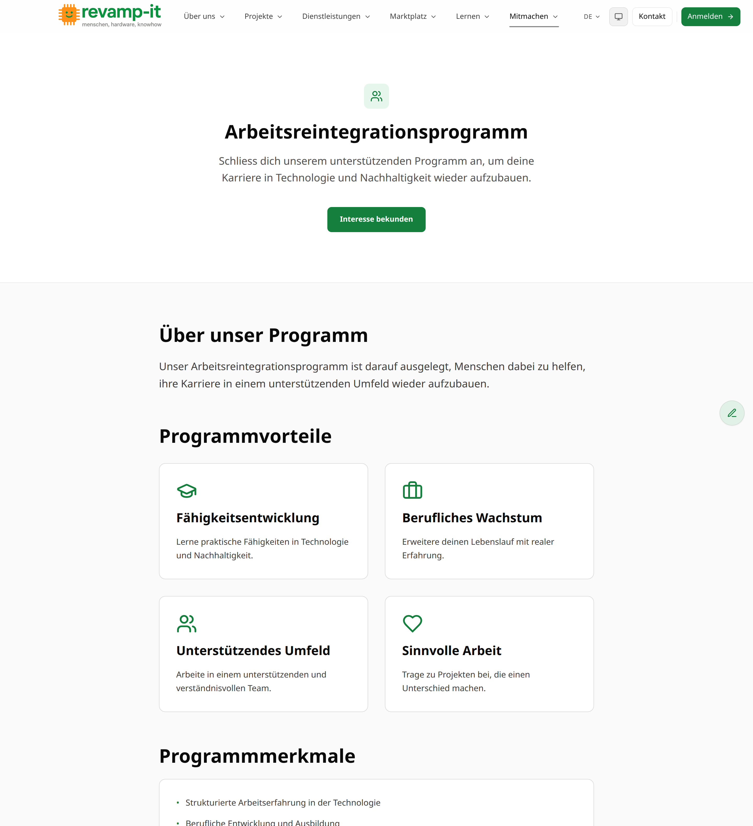 Die Seite des Arbeitsreintegrationsprogramms mit den vier Programmvorteilen